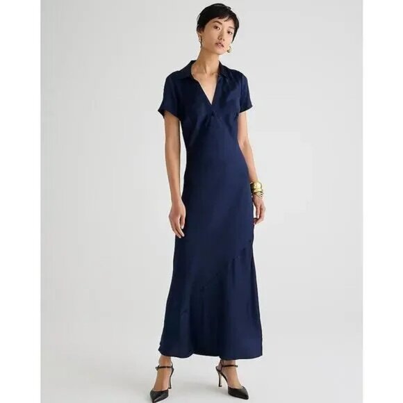 J. Crew Short-sleeve maxi slip dress in luster crepe, Size 8, Navy - Picture 1 of 8